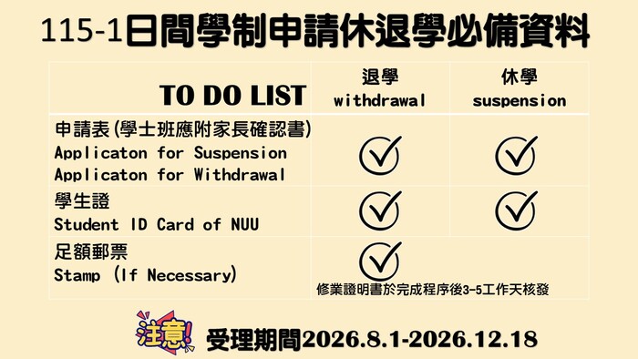 115-1休退學申請公告